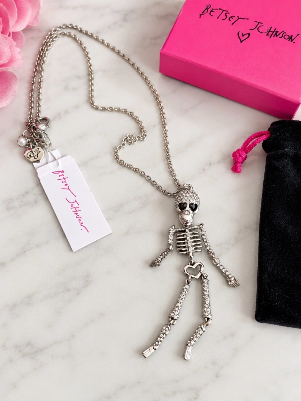 Betsey Johnson Silver Crystal Skeleton Necklace with Pink Heart Eyes - NEW